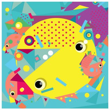 Vektör fraktal kumaş rasgele soyut renkli duvar kağıdı desen arka plan daireler. Balık karakter illüstrasyon retro tarzı ile