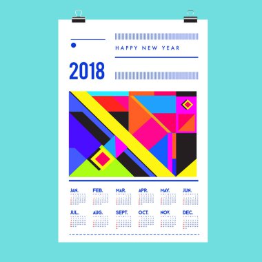 Yeni yıl 2018 takvim kapak şablonu. Takvim ve Poster Tasarımı renkli Memphis tarzı arka plan ile.
