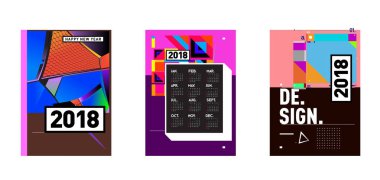 Yeni yıl 2018 takvim kapak şablonu. Takvim ve Poster Tasarımı renkli Memphis tarzı arka plan ile.