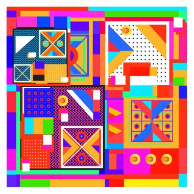 Trendy geometrik öğeleri memphis tasarımı renkli ve parlak. Retro 90s doku, desen ve öğeleri tarzı. Modern arka plan tasarımı ve kapak şablonu