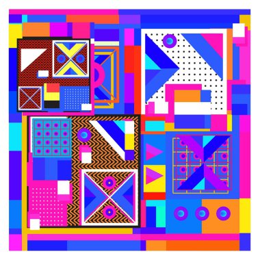 Trendy geometrik öğeleri memphis tasarımı renkli ve parlak. Retro 90s doku, desen ve öğeleri tarzı. Modern arka plan tasarımı ve kapak şablonu
