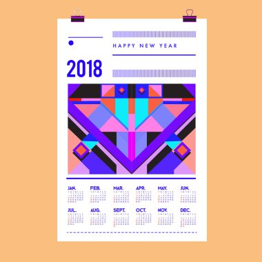 Yeni yıl 2018 takvim kapak şablonu. Takvim ve Poster Tasarımı renkli Memphis tarzı arka plan ile.