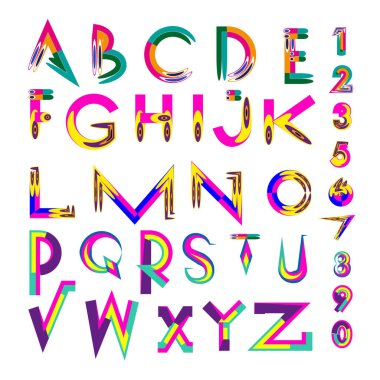 Vektör renkli alfabesi. Tasarım ve çizim şablonu için benzersiz yazı tipleri. Tipografi için poster ve başlık yayını.