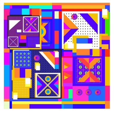 Trendy geometrik öğeleri memphis tasarımı renkli ve parlak. Retro 90s doku, desen ve öğeleri tarzı. Modern arka plan tasarımı ve kapak şablonu