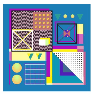 Trendy geometrik öğeleri memphis tasarımı renkli ve parlak. Retro 90s doku, desen ve öğeleri tarzı. Modern arka plan tasarımı ve kapak şablonu