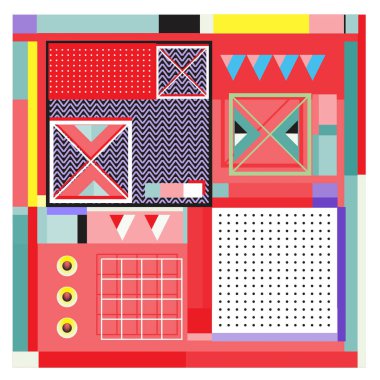 Trendy geometrik öğeleri memphis tasarımı renkli ve parlak. Retro 90s doku, desen ve öğeleri tarzı. Modern arka plan tasarımı ve kapak şablonu