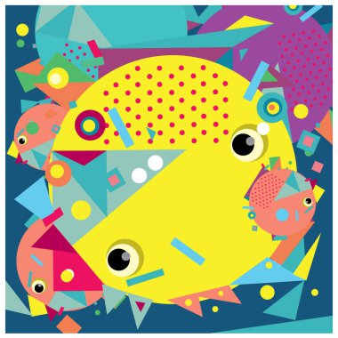 Vektör fraktal kumaş rasgele soyut renkli duvar kağıdı desen arka plan daireler. Balık karakter illüstrasyon retro tarzı ile