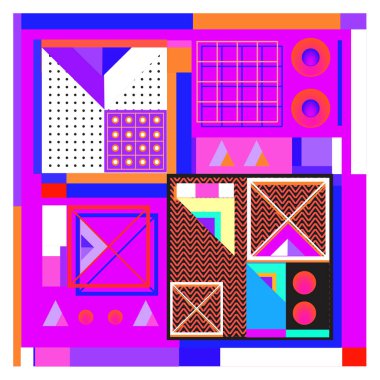 Trendy geometrik öğeleri memphis tasarımı renkli ve parlak. Retro 90s doku, desen ve öğeleri tarzı. Modern arka plan tasarımı ve kapak şablonu