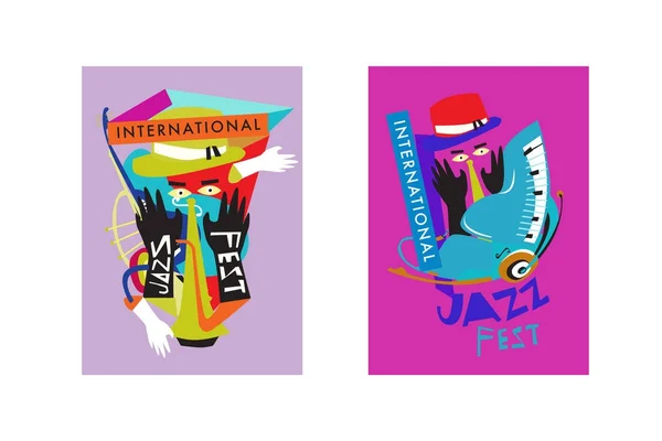 カラフルな国際的ジャズ フェスティバル ミュージシャン シンガー 楽器のポスターは フラットのベクトル図を設定します ジャズや音楽イベントのポスター テンプレート — ストックベクタ