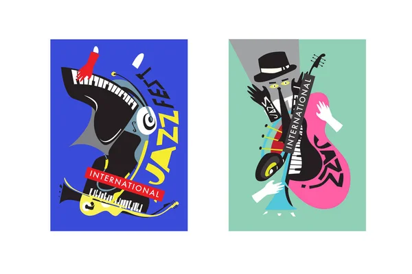 Színes Nemzetközi Jazz Fesztivál Zenészek Énekesek Poszter Hangszer Beállítása Lapos — Stock Vector