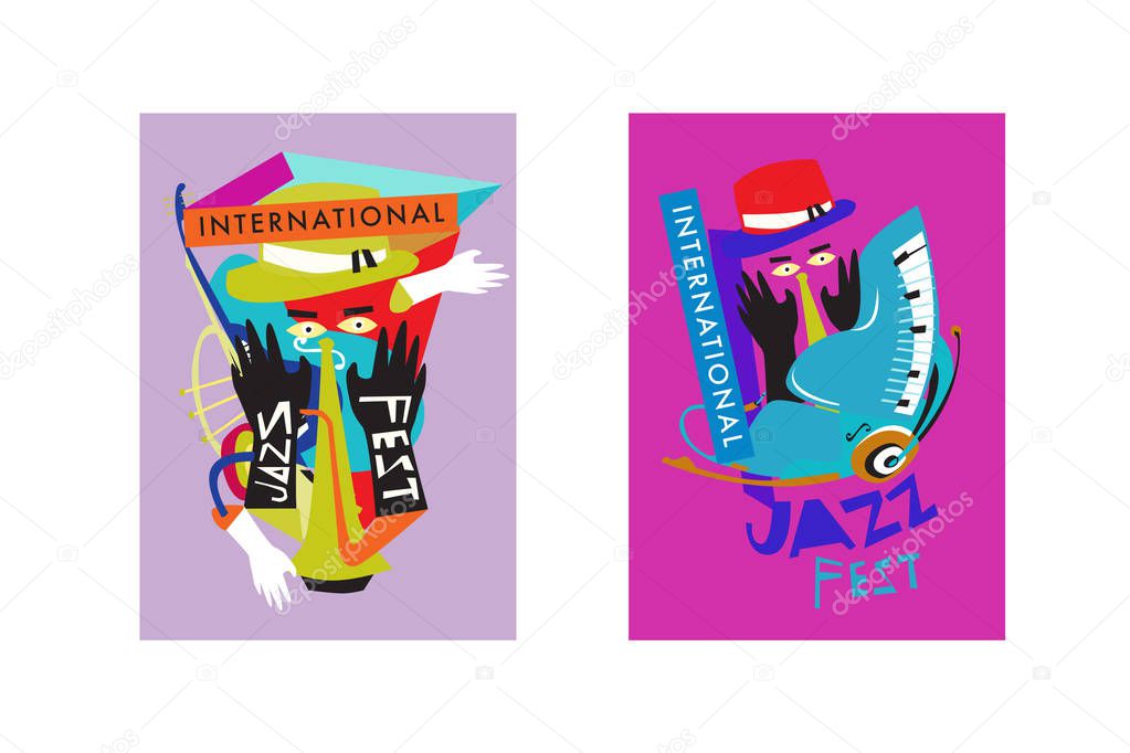 Colorful international jazz festival. Musicians, singers and musical instruments poster set flat vector illustration. Poster template for jazz and music events.