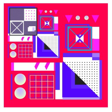 Trendy geometrik öğeleri memphis tasarımı renkli ve parlak. Retro 90s doku, desen ve öğeleri tarzı. Modern arka plan tasarımı ve kapak şablonu