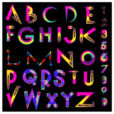 Vektör renkli alfabesi. Tasarım ve çizim şablonu için benzersiz yazı tipleri. Tipografi için poster ve başlık yayını.