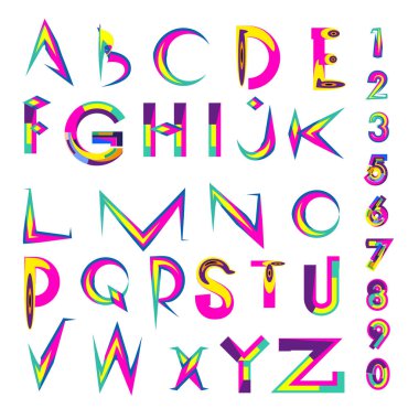 Vektör renkli alfabesi. Tasarım ve çizim şablonu için benzersiz yazı tipleri. Tipografi için poster ve başlık yayını.