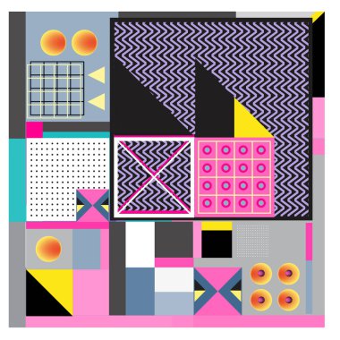 Trendy geometrik öğeleri memphis tasarımı renkli ve parlak. Retro 90s doku, desen ve öğeleri tarzı. Modern arka plan tasarımı ve kapak şablonu
