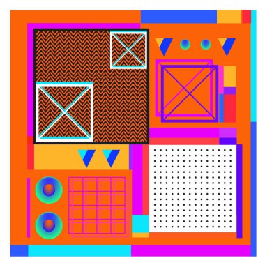 Trendy geometrik öğeleri memphis tasarımı renkli ve parlak. Retro 90s doku, desen ve öğeleri tarzı. Modern arka plan tasarımı ve kapak şablonu