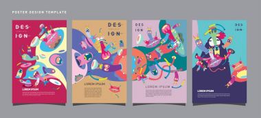 Soyut Modern oyuncak tasarım Festivali afiş. Yayınlar ve sunumlar düzenleri grafik şablonu ve Poster için fikirler. Vektör çizim karikatür Head 3d formları.