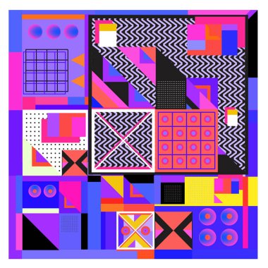 Trendy geometrik öğeleri memphis tasarımı renkli ve parlak. Retro 90s doku, desen ve öğeleri tarzı. Modern arka plan tasarımı ve kapak şablonu