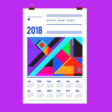 Yeni yıl 2018 takvim kapak şablonu. Takvim ve Poster Tasarımı renkli Memphis tarzı arka plan ile.