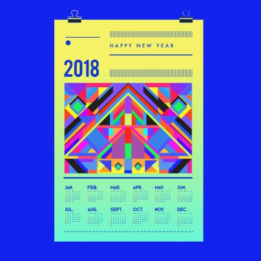 Yeni yıl 2018 takvim kapak şablonu. Takvim ve Poster Tasarımı renkli Memphis tarzı arka plan ile.