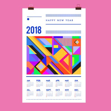 Yeni yıl 2018 takvim kapak şablonu. Takvim ve Poster Tasarımı renkli Memphis tarzı arka plan ile.