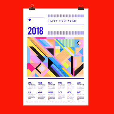 Yeni yıl 2018 takvim kapak şablonu. Takvim ve Poster Tasarımı renkli Memphis tarzı arka plan ile.