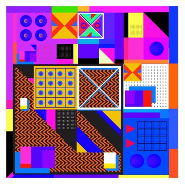 Trendy geometrik öğeleri memphis tasarımı renkli ve parlak. Retro 90s doku, desen ve öğeleri tarzı. Modern arka plan tasarımı ve kapak şablonu