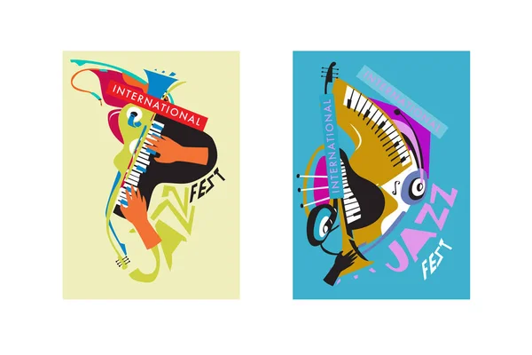 Festival International Jazz Coloré Musiciens Chanteurs Instruments Musique Poster Set — Image vectorielle