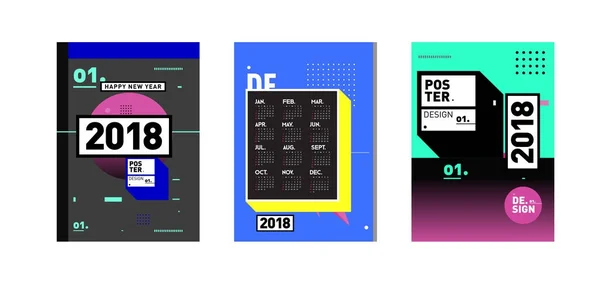 新年2018日历封面模板 丰富多彩的孟菲斯风格背景的日历和海报设计 — 图库矢量图片