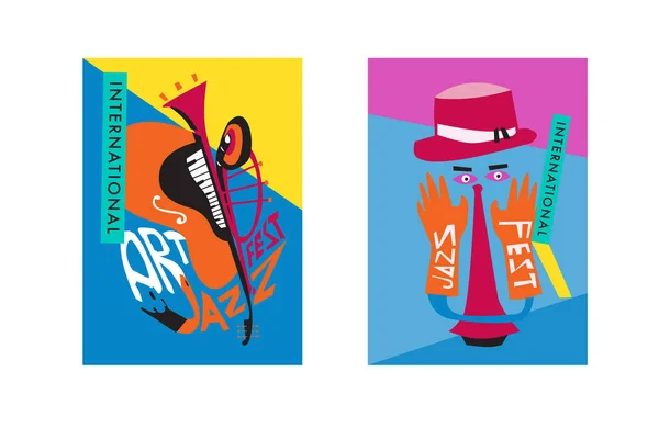 Festival International Jazz Coloré Musiciens Chanteurs Instruments Musique Poster Set — Image vectorielle