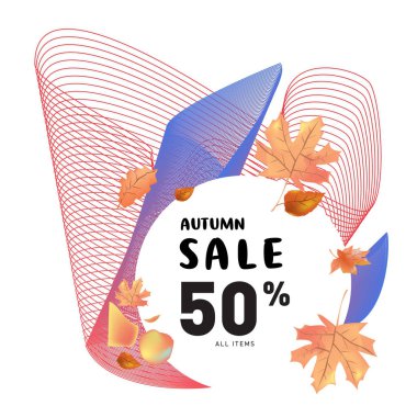 Harfli vektör sonbahar poster şablonu. Parlak sonbahar yaprakları. Broşür, kart, etiket, pankart tasarımı. Parlak ticari arka plan tasarımı. Sonbahar indirimi% 50