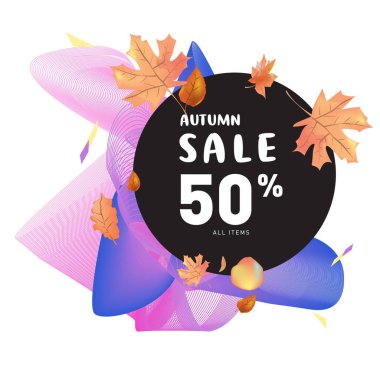 Harfli vektör sonbahar poster şablonu. Parlak sonbahar yaprakları. Broşür, kart, etiket, pankart tasarımı. Parlak ticari arka plan tasarımı. Sonbahar indirimi% 50