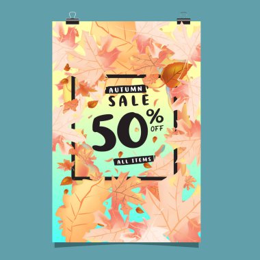 Vektör sonbahar satış poster şablonu yazı. Parlak yaprakları düşer. broşür, kart, etiket, banner tasarımı. Parlak ticari arka plan tasarım.