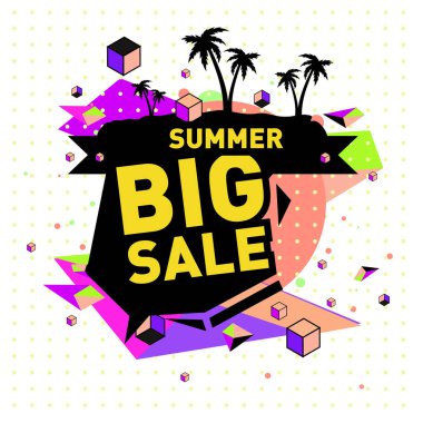 Yaz satış memphis tarzı web afiş. Moda ve seyahat poster indirim. Vektör tatil soyut renkli resimde kampanya ve promosyon.