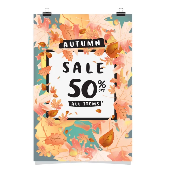 Modèle Vectoriel Affiche Vente Automne Avec Lettrage Feuilles Automne Brillantes — Image vectorielle