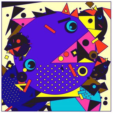 Vektör fraktal kumaş rasgele soyut renkli duvar kağıdı desen arka plan daireler. Retro tarzı ile kuş ve balık karakter çizimi.