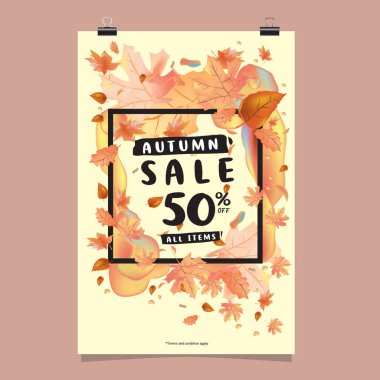 Harfli vektör sonbahar poster şablonu. Parlak sonbahar yaprakları. Broşür, kart, etiket, pankart tasarımı. Parlak ticari arka plan tasarımı. Sonbahar indirimi% 50