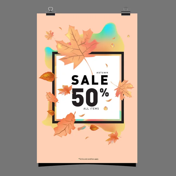 Vector Autumn Sale Poster Template Lettering Bright Fall Leaves Brochure — Stock Vector