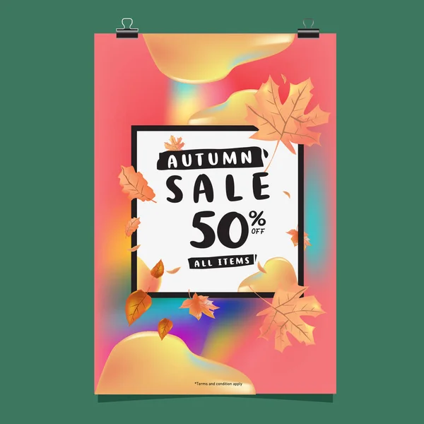 Vector Toamna Vânzare Șablon Poster Litere Frunzele Cădere Strălucitoare Broșură — Vector de stoc