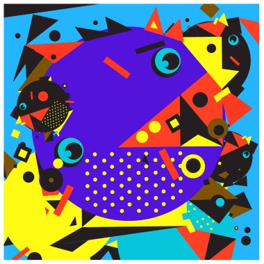 Vektör fraktal kumaş rasgele soyut renkli duvar kağıdı desen arka plan daireler. Retro tarzı ile kuş ve balık karakter çizimi.