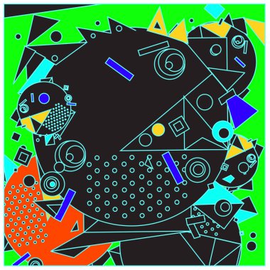 Vektör fraktal kumaş rasgele soyut renkli duvar kağıdı desen arka plan daireler. Retro tarzı ile kuş ve balık karakter çizimi.