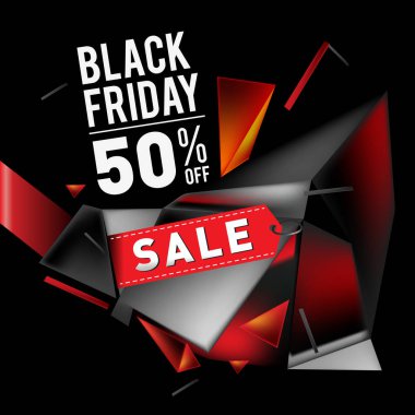 Siyah Cuma satış poster. promosyon için 3D geometrik poster tasarım şablonu. Parlak metal malzeme stili.