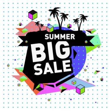 Yaz satış memphis tarzı web afiş. Moda ve seyahat poster indirim. Vektör tatil soyut renkli resimde kampanya ve promosyon.