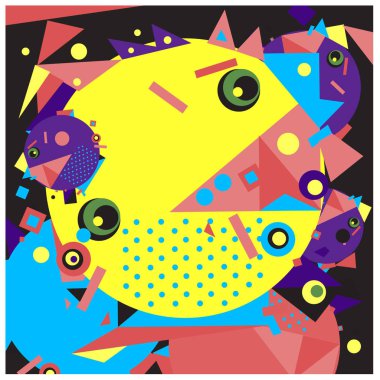 Vektör fraktal kumaş rasgele soyut renkli duvar kağıdı desen arka plan daireler. Retro tarzı ile kuş ve balık karakter çizimi.