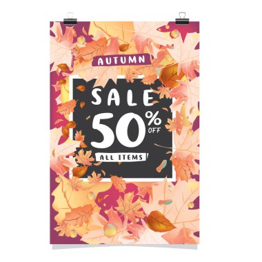 Harfli vektör sonbahar poster şablonu. Parlak sonbahar yaprakları. Broşür, kart, etiket, pankart tasarımı. Parlak ticari arka plan tasarımı. Sonbahar indirimi% 50