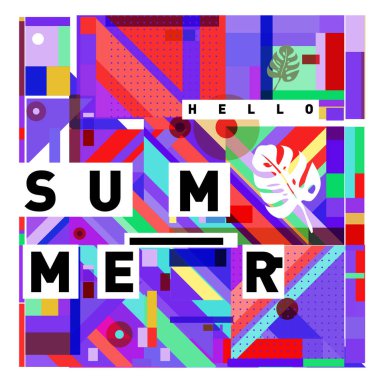 Trendy vektör yaz kartı çizim öğeleri ve soyut renkli dokular ile. Tatil tatil poster, kart, broşür ve tanıtım şablonu için tasarım. Moda sanat baskı ve arka plan.