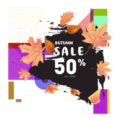 Harfli vektör sonbahar poster şablonu. Parlak sonbahar yaprakları. Broşür, kart, etiket, pankart tasarımı. Parlak ticari arka plan tasarımı. Sonbahar indirimi% 50