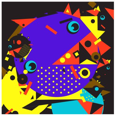 Vektör fraktal kumaş rasgele soyut renkli duvar kağıdı desen arka plan daireler. Retro tarzı ile kuş ve balık karakter çizimi.