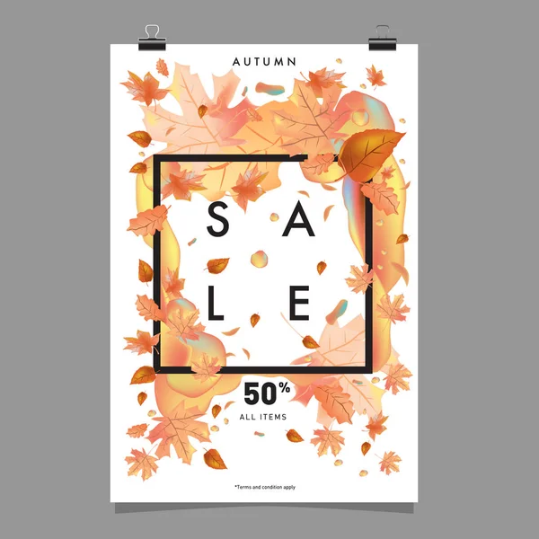 Modèle Vectoriel Affiche Vente Automne Avec Lettrage Feuilles Automne Brillantes — Image vectorielle