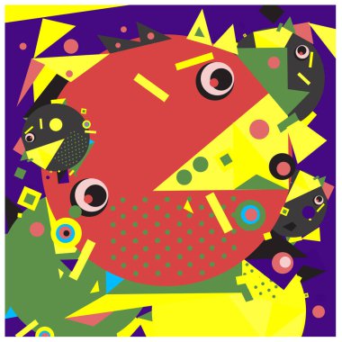 Vektör fraktal kumaş rasgele soyut renkli duvar kağıdı desen arka plan daireler. Balık karakter illüstrasyon retro tarzı ile